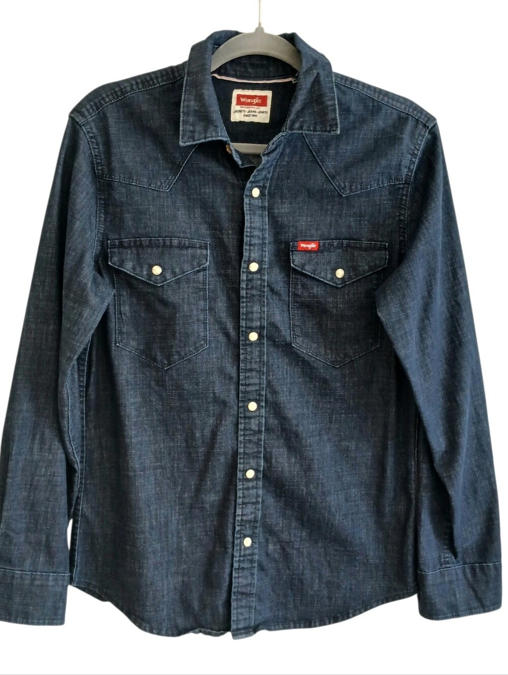 WRANGLER Western Denim Prearl Snap Shirt Men's S Flap Pockets Stretch Ranch